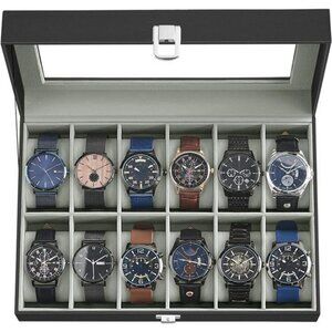 SONGMICS Watch Box 12 Slot Display Case Glass Lid Black Leather Organizer